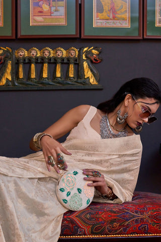 Cream Pure Katan Handloom Weaving Silk Saree_Kumari Sarees