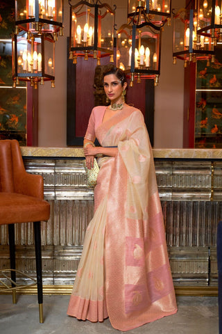Cream & Pink Pure Linen Weaving Saree_Kumari Sarees