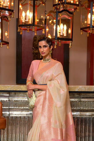 Cream & Pink Pure Linen Weaving Saree_Kumari Sarees