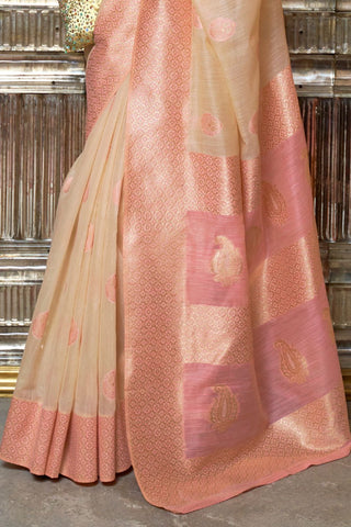 Cream & Pink Pure Linen Weaving Saree_Kumari Sarees