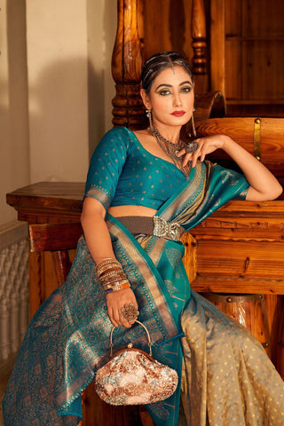 Cream & Blue Soft Banarasi Paithani Saree_Kumari Sarees