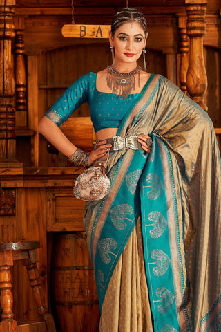 Cream & Blue Soft Banarasi Paithani Saree_Kumari Sarees