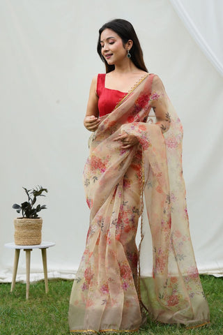 Cream Organza Silk Saree_Kumari Sarees