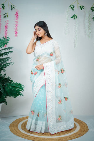 Cyan Blue Soft Organza Silk Sare_Kumari Sarees