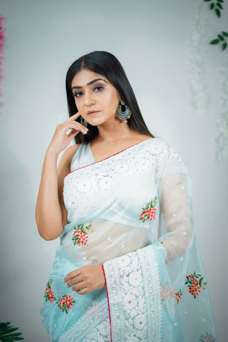 Cyan Blue Soft Organza Silk Sare_Kumari Sarees