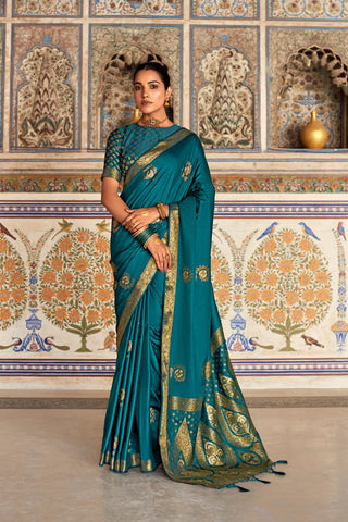 Teal Blue Satin Silk Saree_Kumari Sarees