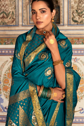Teal Blue Satin Silk Saree_Kumari Sarees