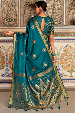 Teal Blue Satin Silk Saree_Kumari Sarees