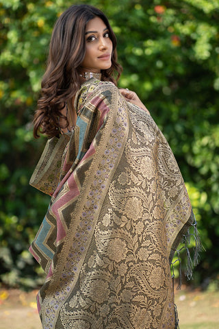 Dark Grey Organza Leheriya Woven Design Saree_Kumari Sarees