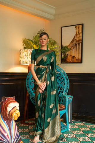 Dark Green Nylon Pure Satin Weaving Silk Saree_Kumari Sarees