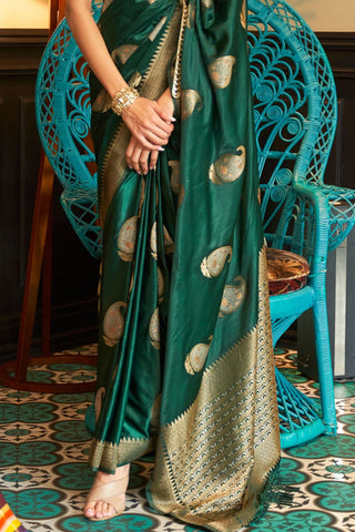 Dark Green Nylon Pure Satin Weaving Silk Saree_Kumari Sarees