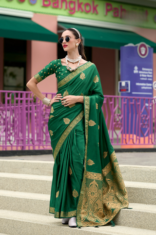 Green Pure Satin Handwoven Saree_Kumari Sarees