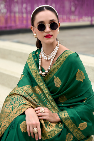 Green Pure Satin Handwoven Saree_Kumari Sarees