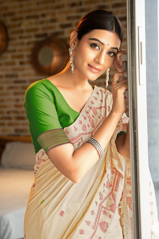 Green Soft Cotton Jamdani Saree_Kumari Sarees
