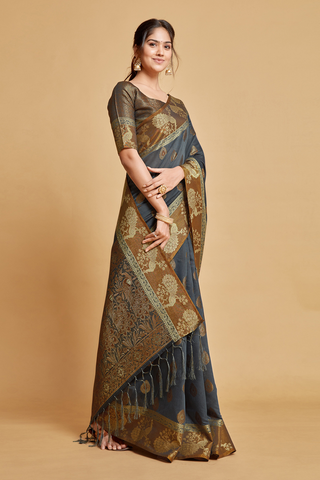 Grey Chanderi Cotton Saree_Kumari Sarees