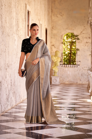 Grey Tissue Linen Silk Saree_Kumari Sarees