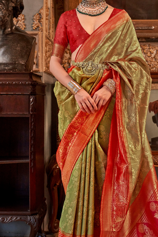 Olive Green Banarasi Patola Silk Saree_Kumari Sarees