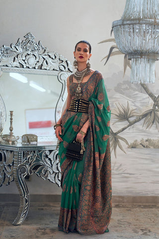 Green Modal Heavy Kashmiri Handloom Weaving Saree_Kumari Sarees