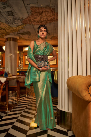 Green Nylon Satin Copper Zari Weaving Saree_Kumari Sarees
