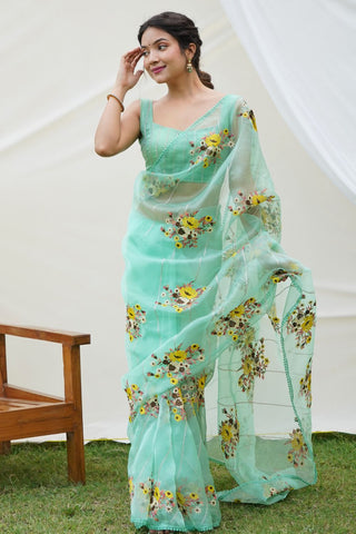 Green Organza Silk Saree_Kumari Sarees