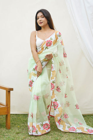 GREEN ORGANZA SILK SAREE