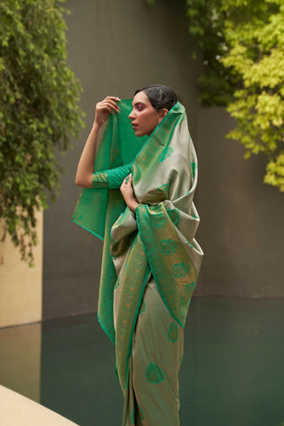 Green Nylon Two Tone Handloom Weaving Saree_Kumari sarees