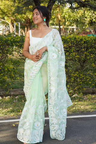 Green Organza Silk Saree_Kumari Sarees