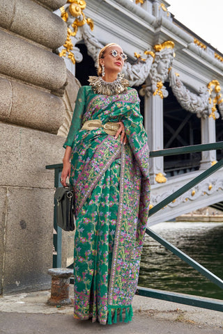 Green Organza Parsi Handloom Weaving Saree_Kumari Sarees