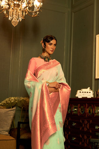Green Linen Copper Zari Weaving Saree_Kumari Sarees