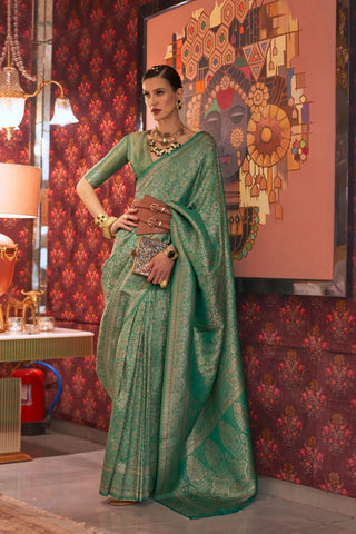 Green Nylon Two Tone Zari Handloom Weaving Silk Saree_Kumari Sarees