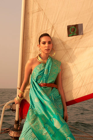 Green Pure Satin Nylon Two - Tone Weaving Saree_Kumari Sarees