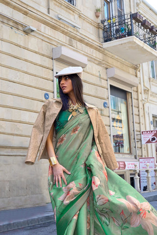 Green Print Satin Organza Weaving Saree_Kumari Sarees