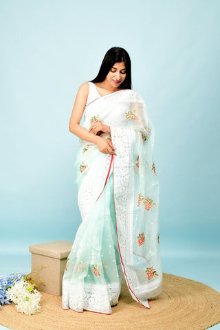 Green Soft Organza Silk Saree_Kumari Sarees