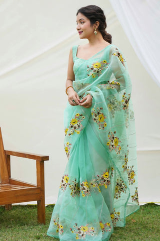Green Organza Silk Saree_Kumari Sarees