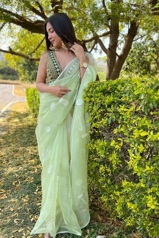 Green Organza Silk Saree_Kumari Sarees