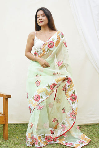 Green Organza Silk Saree_Kumari Sarees