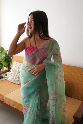 Forest Green Organza Silk Saree_Kumari Sarees