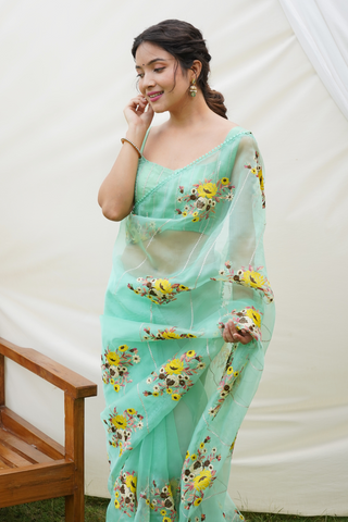 Green Organza Silk Saree_Kumari Sarees