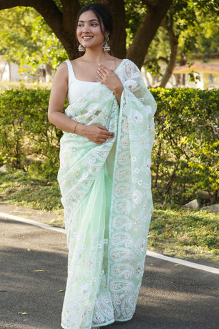 Green Organza Silk Saree_Kumari Sarees
