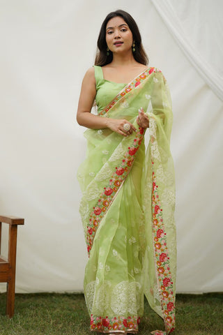 Green Organza Silk Saree_Kumari Sarees