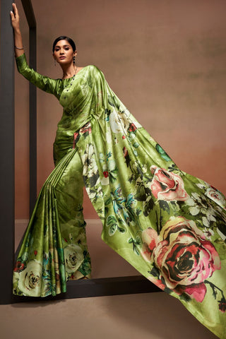 Green Satin Crepe Digital Print Saree_Kumari Sarees