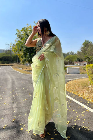 Green Organza Silk Saree_Kumari Sarees