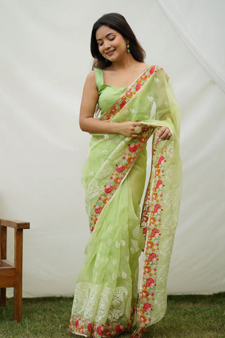 Green Organza Silk Saree_Kumari Sarees