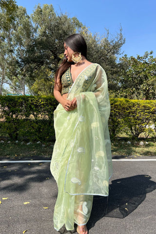 Green Organza Silk Saree_Kumari Sarees