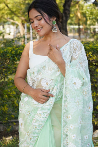 Green Organza Silk Saree_Kumari Sarees