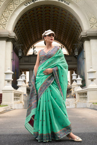Green Soft Linen Cotton Saree_Kumari sarees