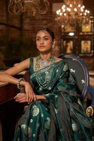 Green Pure Satin Handloom Weaving Saree_kumari Sarees