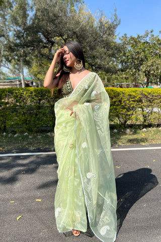 Green Organza Silk Saree_Kumari Sarees
