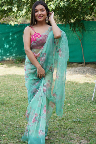 Forest Green Organza Silk Saree_Kumari Sarees
