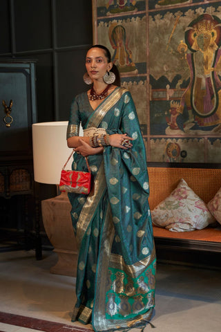 Green Pure Satin Tanchoi Handloom Weaving Saree_Kumari Sarees